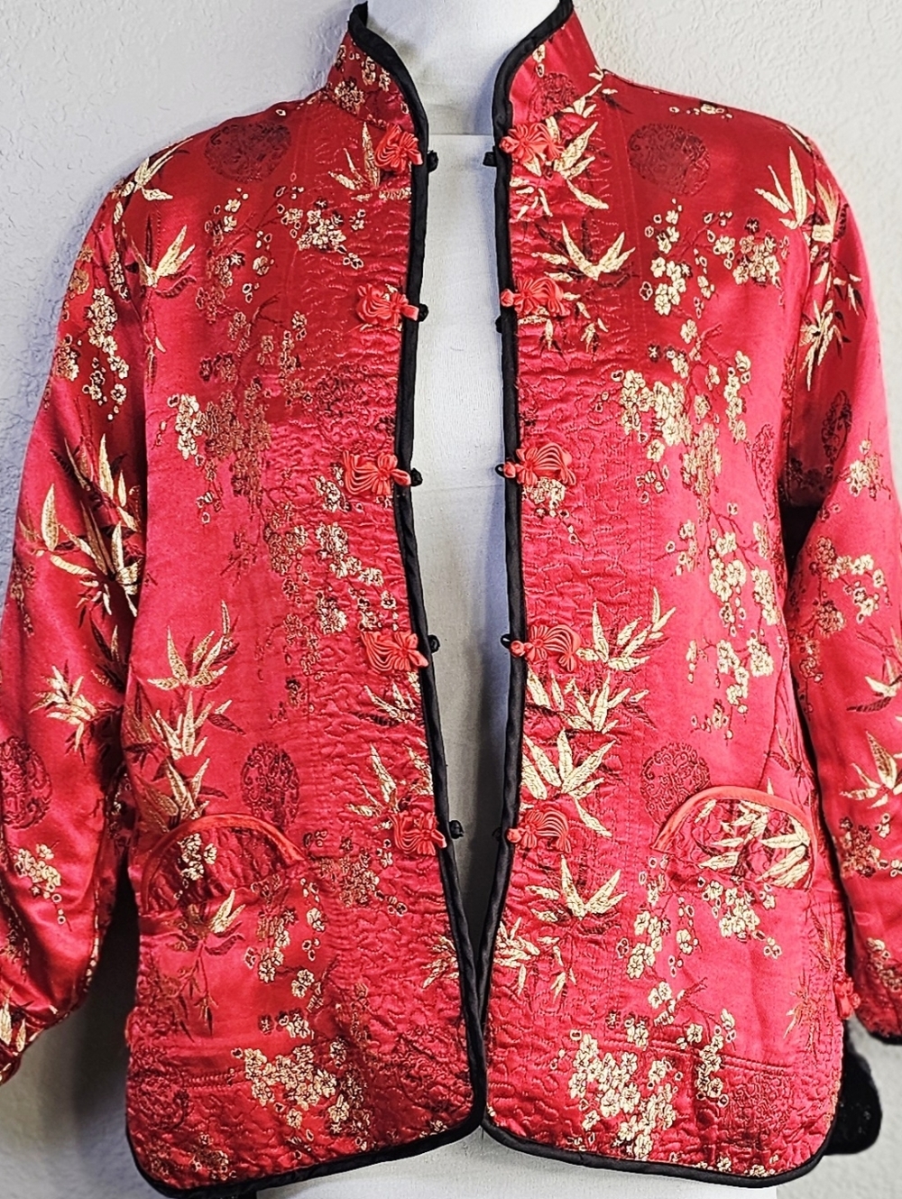 Kevin-T Reversible Silk Brocade Jacket Red Black Medium Mandarin Collar